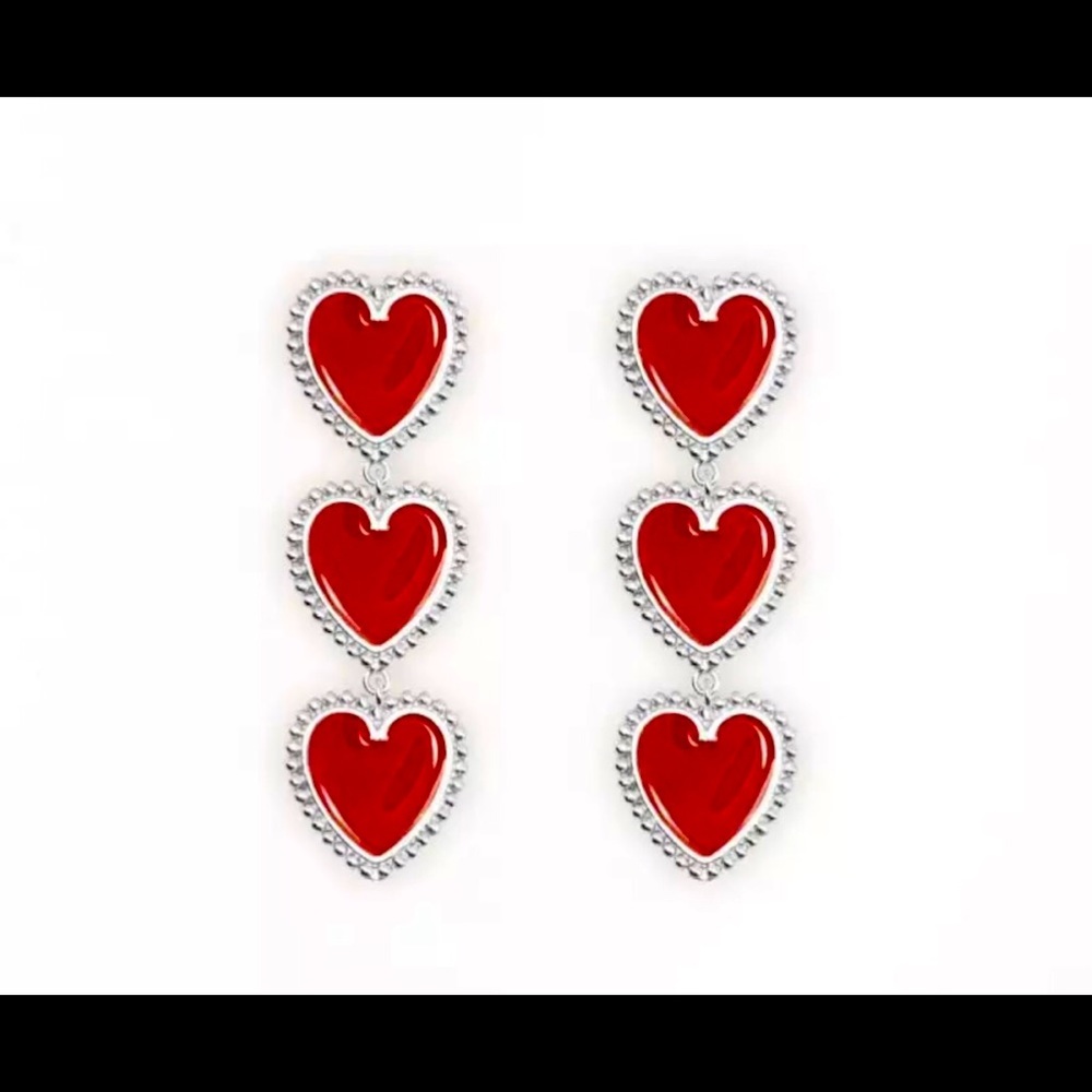 Three Heart Chain Long Dangle Earrings